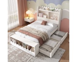 OKWISH Kinderbed 90x190 cm - Opbergbed met 2 Schuifladen & Zitbank - Boekenplank met Golvend Design - MDF;Massief Hout - Zonder matras - Wit+Licht Eik