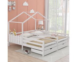 OKWISH Kinderbed 90x200 – Bed met Opbergruimte en 2 Lades – Massief Houten Frame – Grenen – Wit