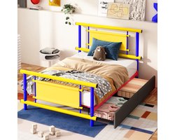 OKWISH Kinderbed 90x200 cm - Met Opberglades - Ruimtebesparend Platformbed - Veilig Metalen Frame - Zonder Matras - Blauw