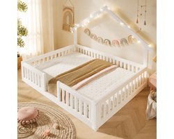 OKWISH Kinderhuisbed 140x200 Cm - Bed Met Uitvalbeveiliging En LED Verlichting - Vloerbed Voor Kinderen - Hout En MDF - Wit - Zonder Matras