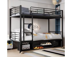 OKWISH Kinderstapelbed - 90x200 - Hoogslaper Met Treppe En Rausfallschutz - Met Dubbele Deur Opbergruimte - IJzer - Zwart