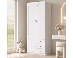 OKWISH Kledingkast 2 Deurs 3 Lades Met Kledingstang Voor Kinderkamer Opbergruimte Wit Roze Handgrepen MDF 80 X 50 X 200 Cm