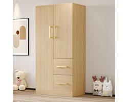 OKWISH Kledingkast – Dubbeldeur Kinderkast Voor Hoogslaper/Jeugd – 70×40×135 cm – 2 Deuren 2 Laden 1 Vak – Ruime Opbergruimte Voor Kleding En Tassen – Hout Lichtbruin+Wit