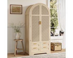 OKWISH Kledingkast – Gebogen Deuren – 2 Deuren 1 Lade – met Rattan Deurbekleding – Ruime Opberging – Eiken MDF – 80x50x179 cm – voor Slaapkamer/Hal