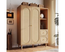 OKWISH Kledingkast – Landelijke Stijl – 2 Deuren 3 Laden Open Vakken – Eikenkleur Hout – 120 x 44 x 161 cm