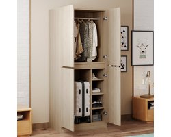 OKWISH Kledingkast Met Dubbele Deuren - Hangruimte En Vakkenindeling Voor Slaapkamer En Hal - Houtkleur - 70×40×170 Cm