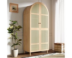 OKWISH Kledingkast – Modern Gebogen Deuren – Met Rattan Deurpanelen En Lades – 80x50x179 cm – Ruime Opbergruimte Voor Slaapkamer/Hal – MDF;Spaanplaat Naturel