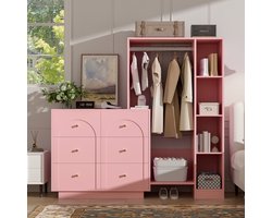 OKWISH Kledingkast - Open Multifunctioneel - 6 Lades - Met Kledingroede En Zijplanken - Voor Slaapkamer - Roze - 139 X 35 X 133 Cm