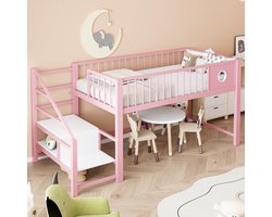 OKWISH Laag Hoogslaper 90x200cm – Met Opbergtrap – Stevig Metalen Frame – Opbergruimte Onder Bed – Voor Kind En Tiener – MDF Metaal – Roze | Zonder matras