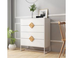 OKWISH Ladekast Met 4 Laden En Vierkante Houten Grepen Voor Slaapkamer En Hal MDF Wit Met Metaalframe Compact Opbergen