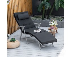 OKWISH Ligbed 137 x 63,5 x 100,5 cm - 7-Standen Verstelbare Rugleuning En Inklapbaar Met Kussen - Voor Tuin Balkon Camping En Strand - Metaal - Zwart