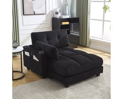 OKWISH Loungefauteuil – Comfortabele Relaxfauteuil Met Verwisselbare Armleuningen En Kussens – Ribfluweel Bekleding – Minimalistisch – Zwart – Met 2 Drankhouders, USB-Aansluiting, Zijvak En Houten En Kunststof Poten