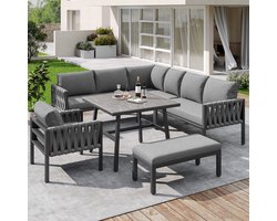 OKWISH Loungeset 238 X 61 X 78 Cm - Hoekbank Met Tafel Van Gehard Glas - Voor Tuin En Terras - Metaal - Grijs