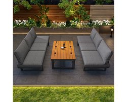 OKWISH Loungeset 3 Delig 186 X 64 Cm - Verstelbare Zithoogte En Rugleuning - Verstelbare Tafel - IJzer - Grijs