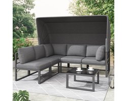 OKWISH Loungeset 4 Delig 176 X 65 X 145 Cm - Opklapbare Zonwering, Verstelbare Poten - Balkon, Terras En Tuin - IJzer En Glas - Grijs