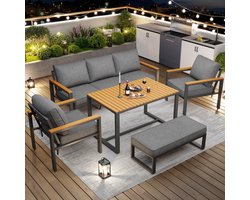 OKWISH Loungeset 5-Delig 6-7 Personen - Met Eettafel En Loungebank - Spatwaterdichte Stof - Metalen Frame - Grijs