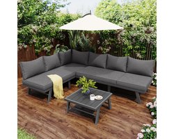 OKWISH Loungeset 5 Tot 6 Personen 226 × 61 × 65 cm - Verzinkt Ijzeren Frame Met Wasbare Kussens - Voor Terras Balkon Tuin - Kunststof Tafelblad - Grijs