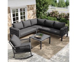 OKWISH Loungeset 5-Zits - Modulaire Hoekbank Met Schommelstoel En Glastafel - Voor Tuin Of Terras - IJzer - Grijs