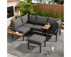 OKWISH Loungeset Hoekbank Met Bijzettafel En Salontafel Voetenbank Voor Balkon En Tuin Polyester Staal Grijs Zwart