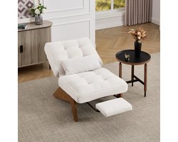 OKWISH Loungestoel – 1-Zits Met Verstelbare Rugleuning En Voetsteun – Inclusief Lendenkussen – Ribstof – Voor Woonkamer/Slaapkamer – Beige – Houten Poten