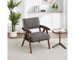 OKWISH Loungestoel - 1-Zits Midden-Eeuws Fauteuil Met Armleuningen & Nieten - Massief Houten Frame, Verdikt Kussen - Linnen - Grijs