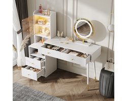 OKWISH Make-Uptafel – Met Driekleurige LED-Spiegel – 4 Laden – 1 Glazen Kast Met Verlichting En 1 Open Vak – Spaanplaat Wit – 100x40x125 cm