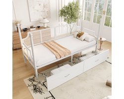 OKWISH Metalen Bed 90x200 cm - Vintage Net Rugleuning en Armleuningen - Sofa/Bed Functie - Met 2 Lades - Studentenkamer - Metaal - Wit - Zonder matras