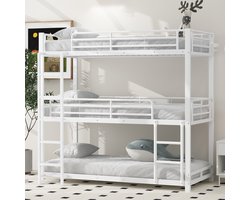 OKWISH Metalen Stapelbed 90x200cm - Ruimtebesparend Driehoogslaper Met Vaste Ladder - Metaal Minimalistisch - Wit - Zonder Matras