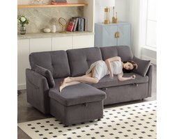 OKWISH Modulaire Hoekbank - 2-3-Zits Modulair Slaapbank Met Opbergruimte, Zijvakken En Uittrekbaar Bed - Ribfluweel - Donkergrijs