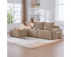 OKWISH Modulaire Hoekbank 268 X 174 Cm - 3 Zits Met Hockers, Bekerhouder En Opbergvak - Voor Woonkamer En Lounge - Ribfluweel - Khaki