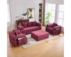 OKWISH Modulaire Hoekbank 4-Zits 200 x 94 x 67 cm - Met Hocker En Opbergvak - Voor Woonkamer - Cord - Wijnrood