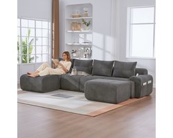 OKWISH Modulaire Hoekbank 4 Zits 333 X 174 X 80 Cm - Vrij Te Combineren Met 2 Hockers, Bekerhouder En Zijvak - Woonkamer - Cord - Donkergrijs