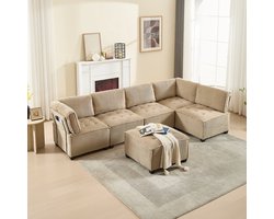 OKWISH Modulaire Hoekbank - 6-Zits Met U- Of L-Opstelling En Slaapfunctie - Ergonomische Rug- & Armsteunen, Zijopbergruimte - Cordstof - Khaki