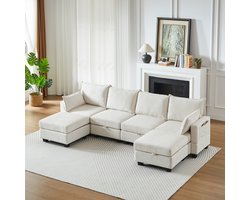 OKWISH Modulaire Hoekbank 6-Zits - Omvormbaar Tot Slaapbank Met Opbergruimte - L Of U Vorm Voor Woonkamer - Chenille - Beige