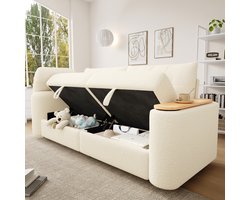 OKWISH Modulaire Zitbank 207,5 X 80 X 87 Cm - Met Opbergruimte, Hoofdsteun En Draaibare Bijzettafel - Voor Woonkamer Of Logeerkamer - Teddy - Beige