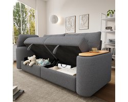 OKWISH Modulaire Zitbank 207,5 X 80 X 87 Cm - Opbergruimte, Hoofdsteun En Draaibare Bijzettafel - Woonkamer - Teddy - Grijs