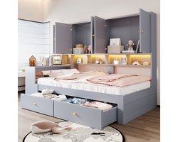 OKWISH Multifunctioneel Bed 90x200cm Grijs - Met Inbouw Bureau, Kasten, Lades en LED-Verlichting - Normaal Bed
