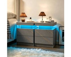 OKWISH Nachtkastjes Set Van 2 - Met Verstelbare Ledverlichting - 2 Lades En Open Vak - Voor Slaapkamer En Woonkamer - Grijs Goud