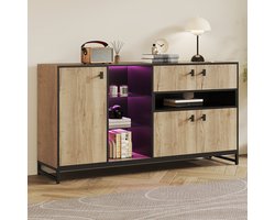 OKWISH Opbergkast – 2 Deuren Met Open Middenvak – Glazen Planken & LED – 160x40x84.5 cm – Zwart Metalen Frame – Spaanplaat Lichtbruin