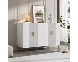 OKWISH Opbergkast – Modern Minimalistisch – 4 Deuren Met 2 Grote Verstelbare Vakken – 160x35x100 cm – Diepe Opbergruimte Voor Woonkamer/Entree – Metaal Goud+Wit