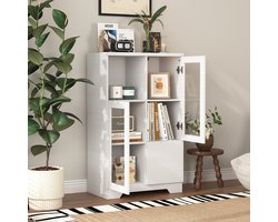 OKWISH Opbergkast – Multifunctionele Kast Met 2 Glazen Deuren – 2 Verstelbare Planken – 2 Open Vakken – Greeploos Modern Wit MDF Voor Woonkamer Slaapkamer