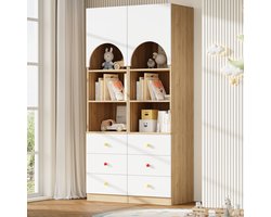 OKWISH Opbergkast Set Van 2 - Met Deur, 3 Laden En 3 Planken - Voor Kinderkamer En Slaapkamer - MDF Wit Houtlook - 100x50x200 cm