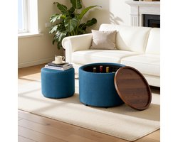 OKWISH Opbergpoef Set - 2 Ronde Nestbare Hockers - Met Opbergruimte En Houten Blad - Blauw Linnen - Diameter 58 cm