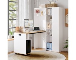 OKWISH Opklapbaar Bureau Met Kast - 2 In 1 Werkplek Met Stopcontact En USB - MDF Wit Eiken - 104,5x30,5x160 cm