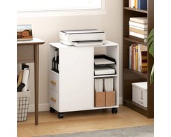 OKWISH Printerstandaard - Met 2 Lades En Verstelbare Plank - Op Wieltjes Voor Thuiswerkplek En Kantoor - Wit - 60 X 30 X 65 Cm