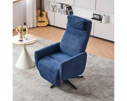 OKWISH Relaxfauteuil – 1-Zits Ergonomische Zetel met Verstelbare Rugleuning (100°–150°) en Voetsteun – Chenille – Blauw – 360° Draaibaar