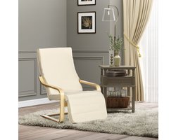 OKWISH Relaxfauteuil 66,5 x 94 x 100 cm - 5 Standen Verstelbare Voetensteun - Voor Woonkamer of Slaapkamer - Hout en Stof - Crèmewit