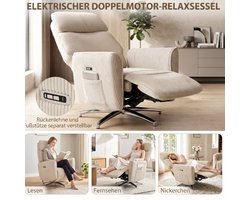 OKWISH Relaxfauteuil 76 x 87 x 114 cm - Elektrisch Verstelbaar Met 2 Motoren En 360 Graden Draaibaar - Voor Woonkamer - Polyester - Crèmewit