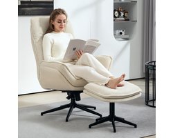 OKWISH Relaxfauteuil 85 x 74 x 104 cm - 360 Graden Draaibaar Met Handmatig Verstelbare Rugleuning En Hocker - Polyester - Beige