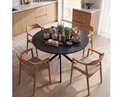 OKWISH Ronde Eettafel – Voor 4 Personen – Industriële Stijl – Stalen X Poten – Zwart Houten Blad – Diameter 100 cm – Hoogte 75 cm